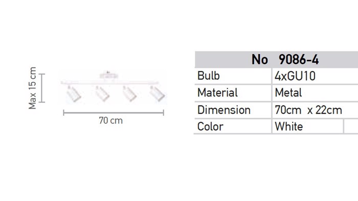 INLIGHT FOTISTIKO METALLIKO LEuKO ME 4 SPOT SE RAG GU10 70x22cm 9086-4