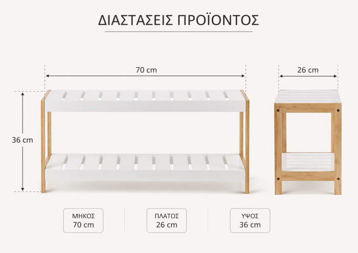 MRShome Papoutsothiki 2 Epipedon apo Bamboo/MDF 70x26x36cm Natural/White